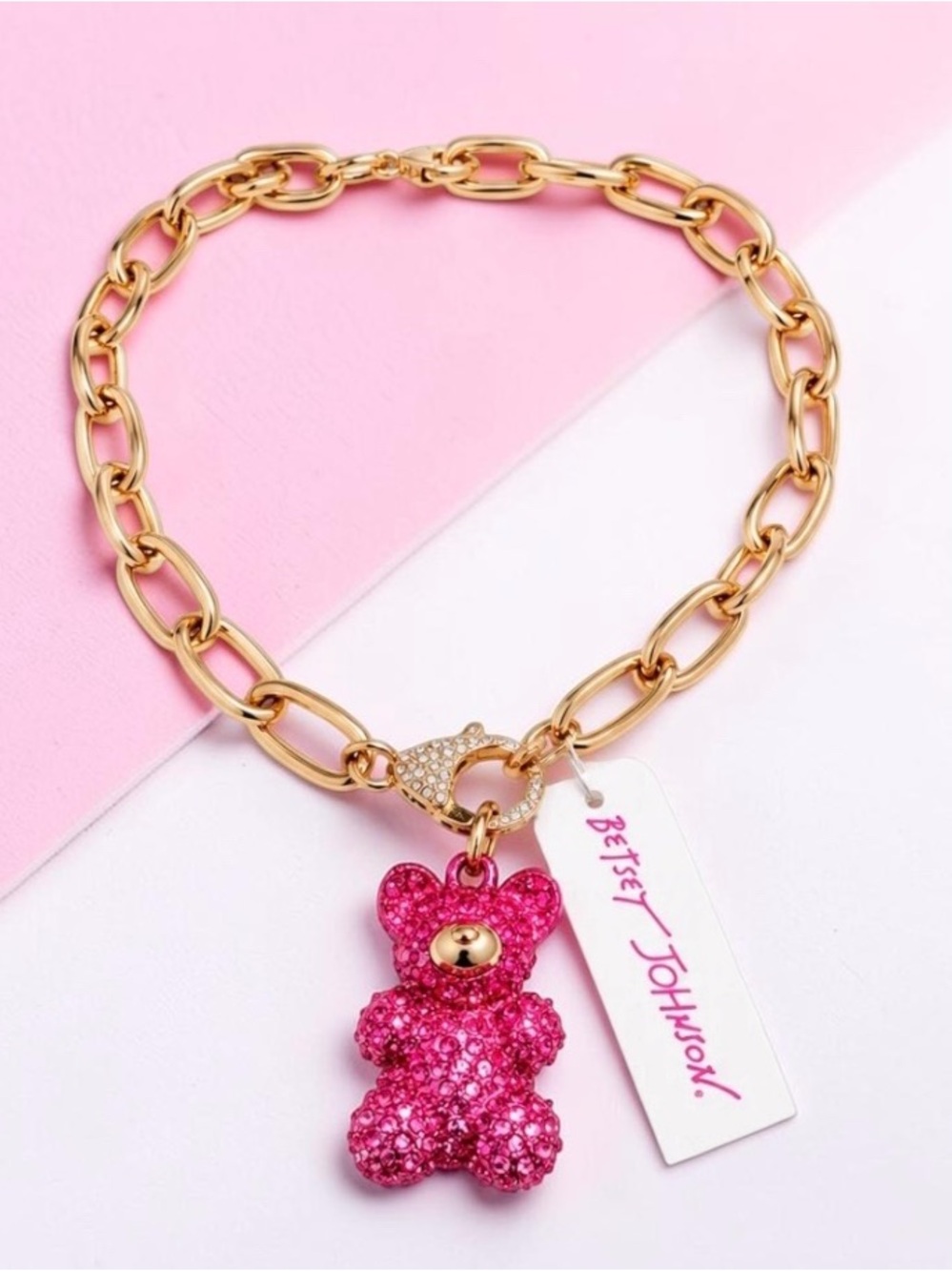Betsey Johnson Gold Chain Necklace with Hot Pink Crystal Teddy Charm